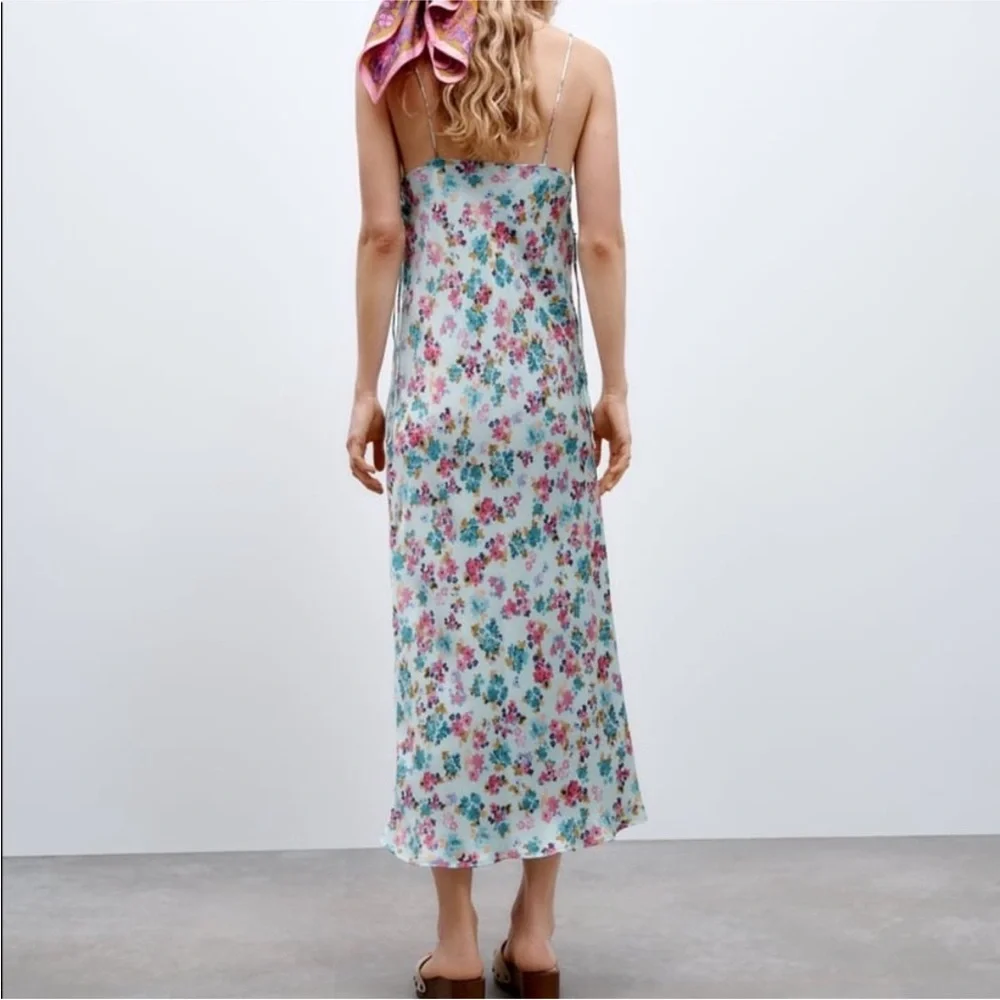 Zara Floral Printed Midi/Maxi Slip Side Tie Tank Dress Light Blue Pink Size S - Picture 4 of 12